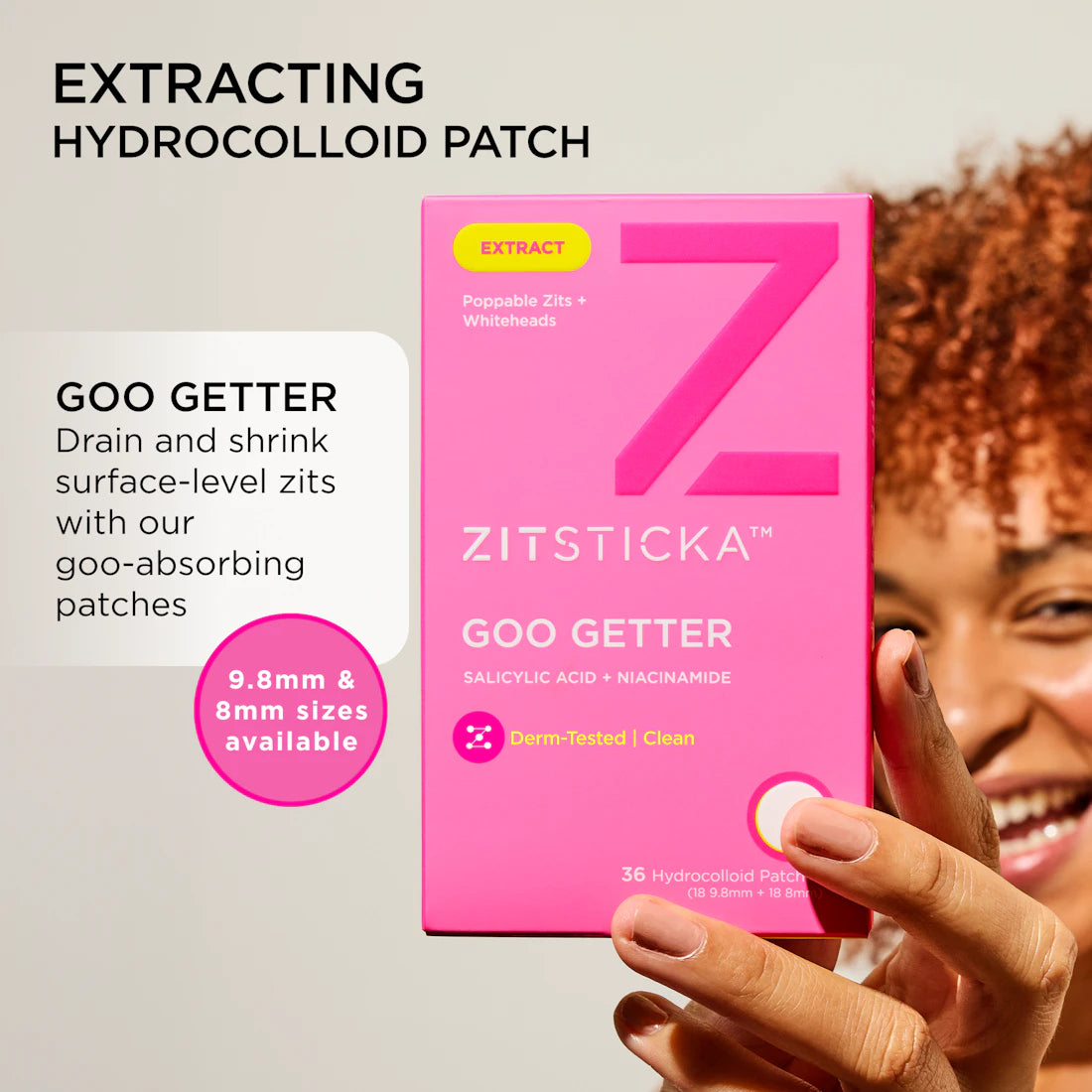 A smiling person holds a GOO GETTER Hydrocolloid Pimple Patches box against a beige background.