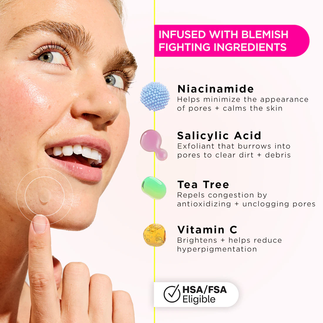 A smiling woman touches her cheek; GOO GETTER Pimple Patch ingredients and benefits are listed beside her.