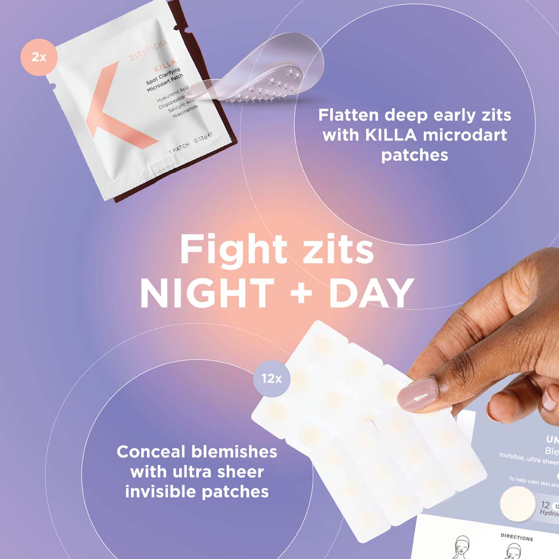 Hand holds clear 24/7 Zit Attack Bundle patches; text highlights all-day, invisible acne treatment.