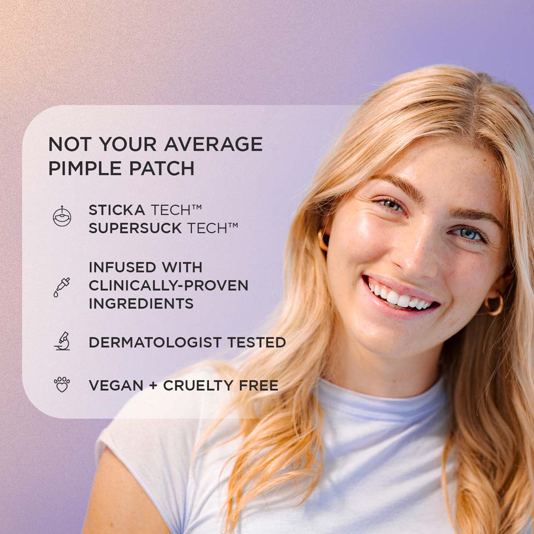 Smiling woman with 24/7 Zit Attack Bundle; pimple patch shown on a gradient purple background.