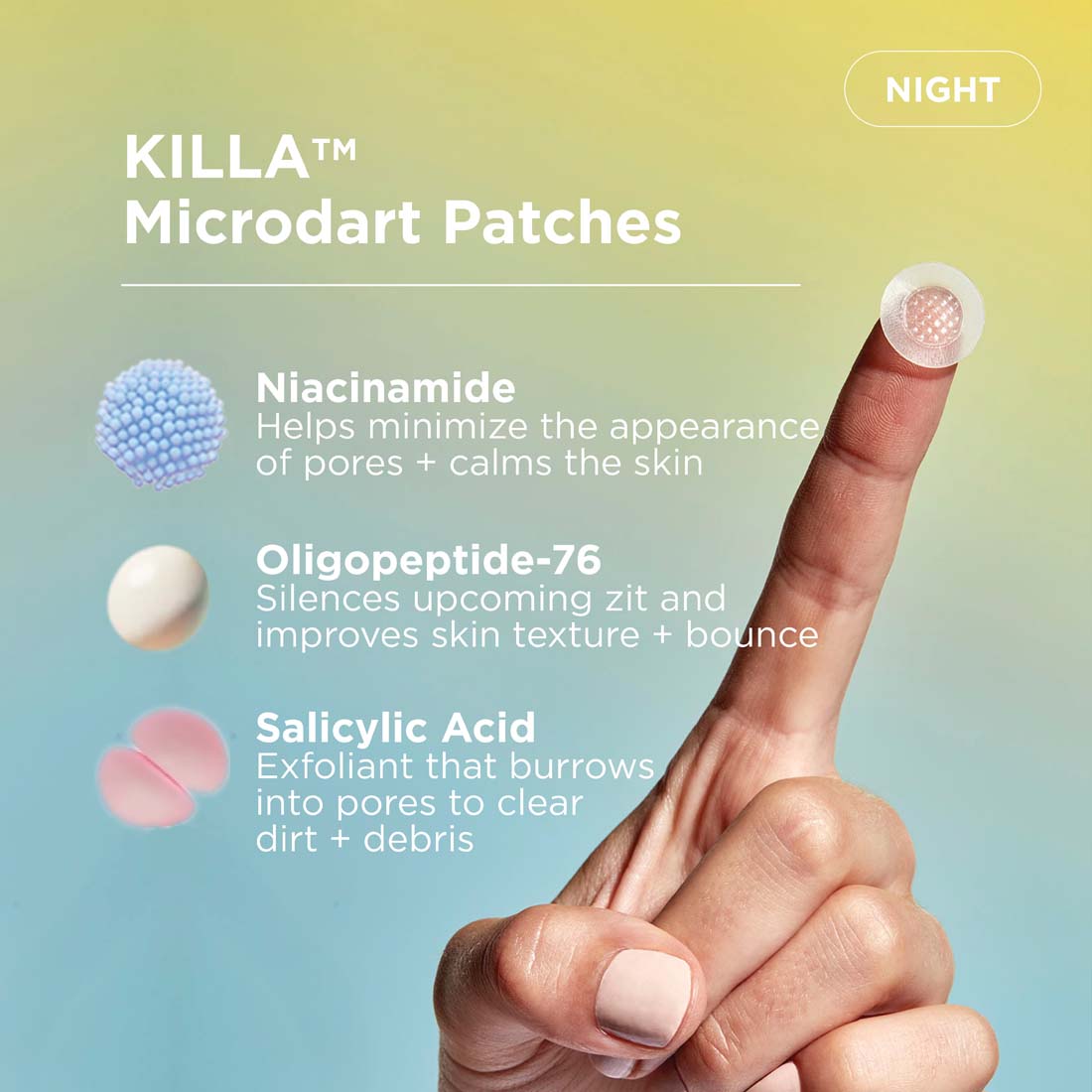A finger holds a 24/7 Zit Attack Bundle patch, spotlighting its acne-fighting ingredients and benefits.