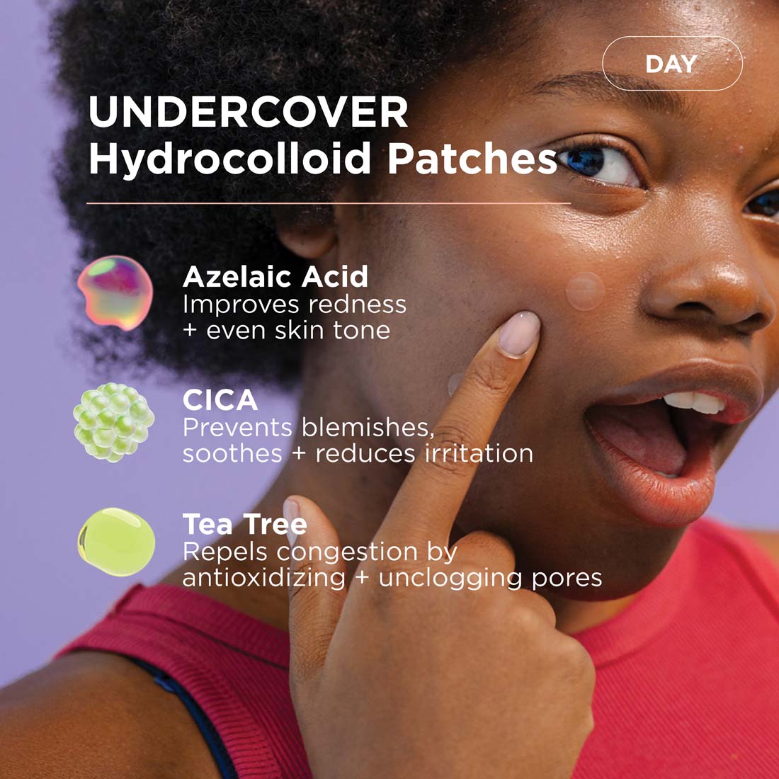 A woman points to her cheek with text about the 24/7 Zit Attack Bundle and its acne-fighting benefits.