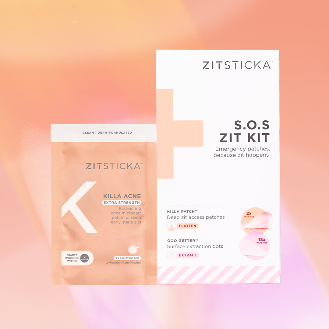 Zit Stoppers kit and hydrocolloid patches on a pink and orange gradient background.