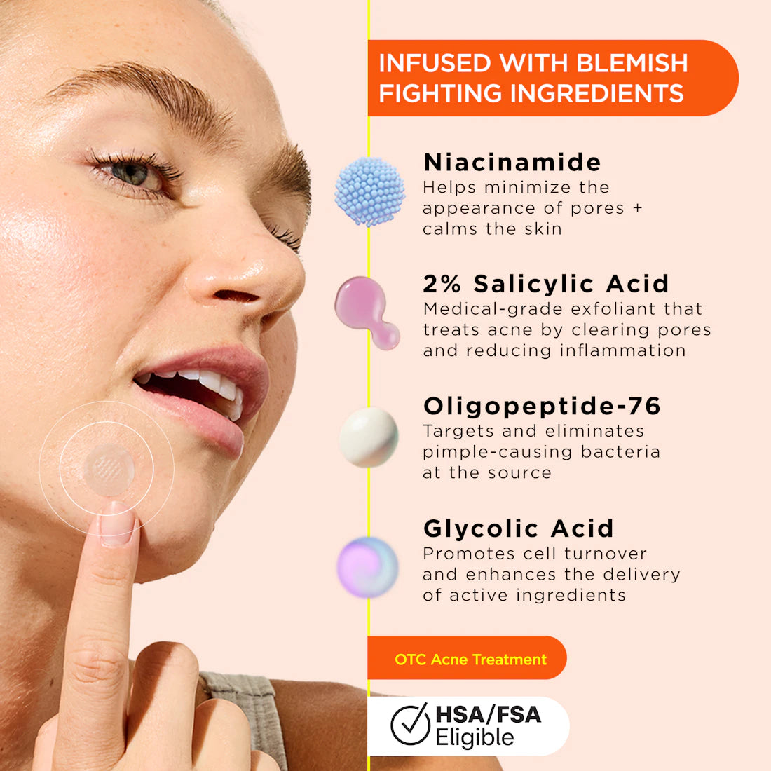 Woman touches cheek next to KILLA ACNE Extra Strength Microdart Patches benefits and ingredients list.