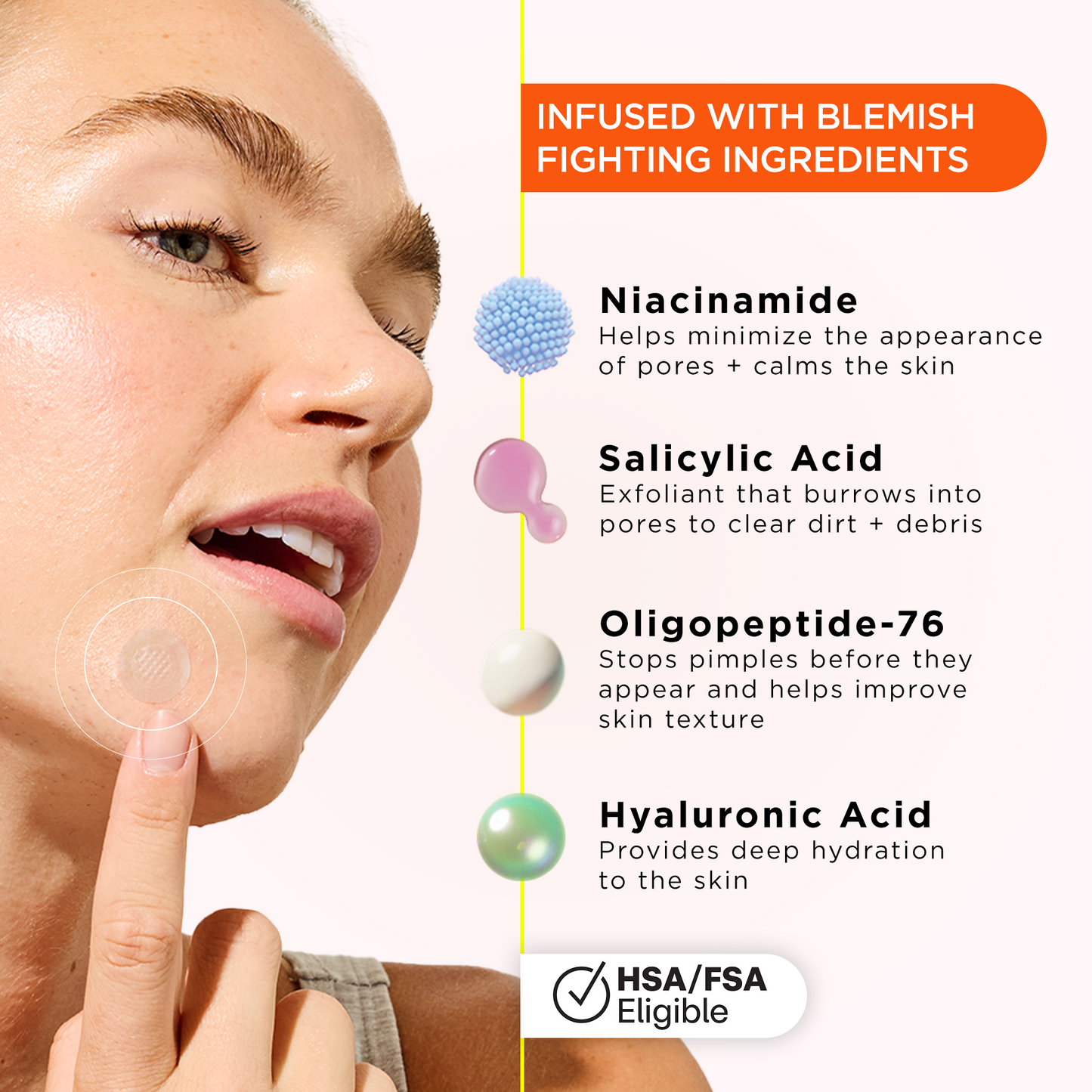 A woman touches her cheek; KILLA Mini Microdart Pimple Patches benefits are listed beside her face.