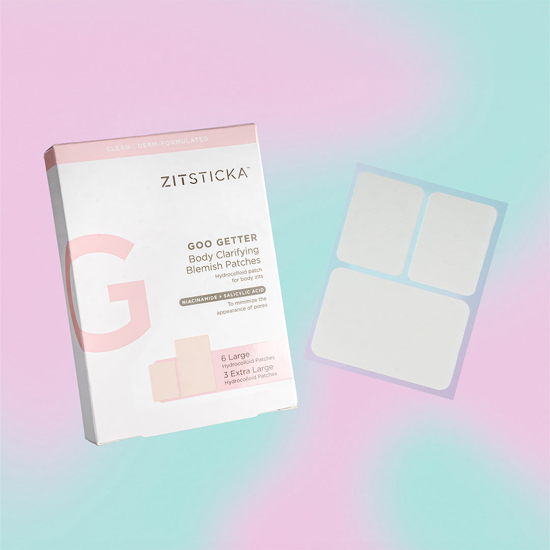 SUCKS TO BE GOO Bundle hydrocolloid pimple patches shown on a pastel background with box.