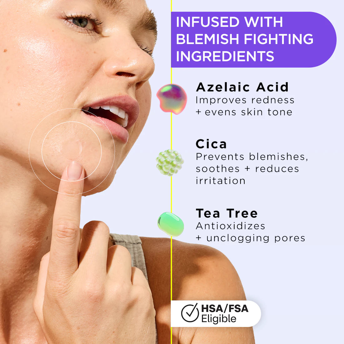 Woman touching chin as UNDERCOVER Ultra Sheer Pimple Patch benefits for blemishes are listed nearby.