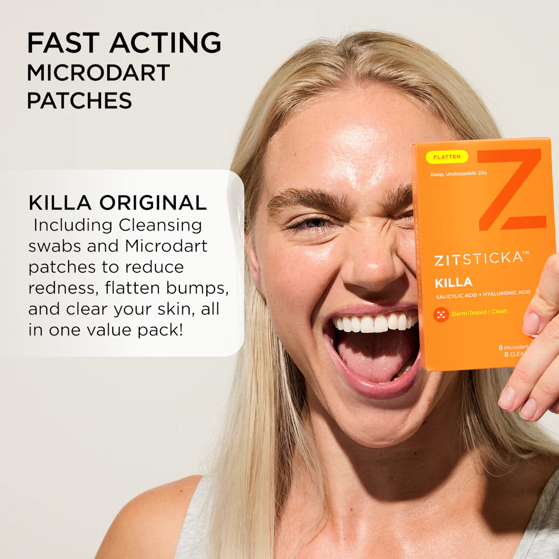 Smiling woman holds KILLA Kit, promoting fast-acting pimple patches with microdart technology.