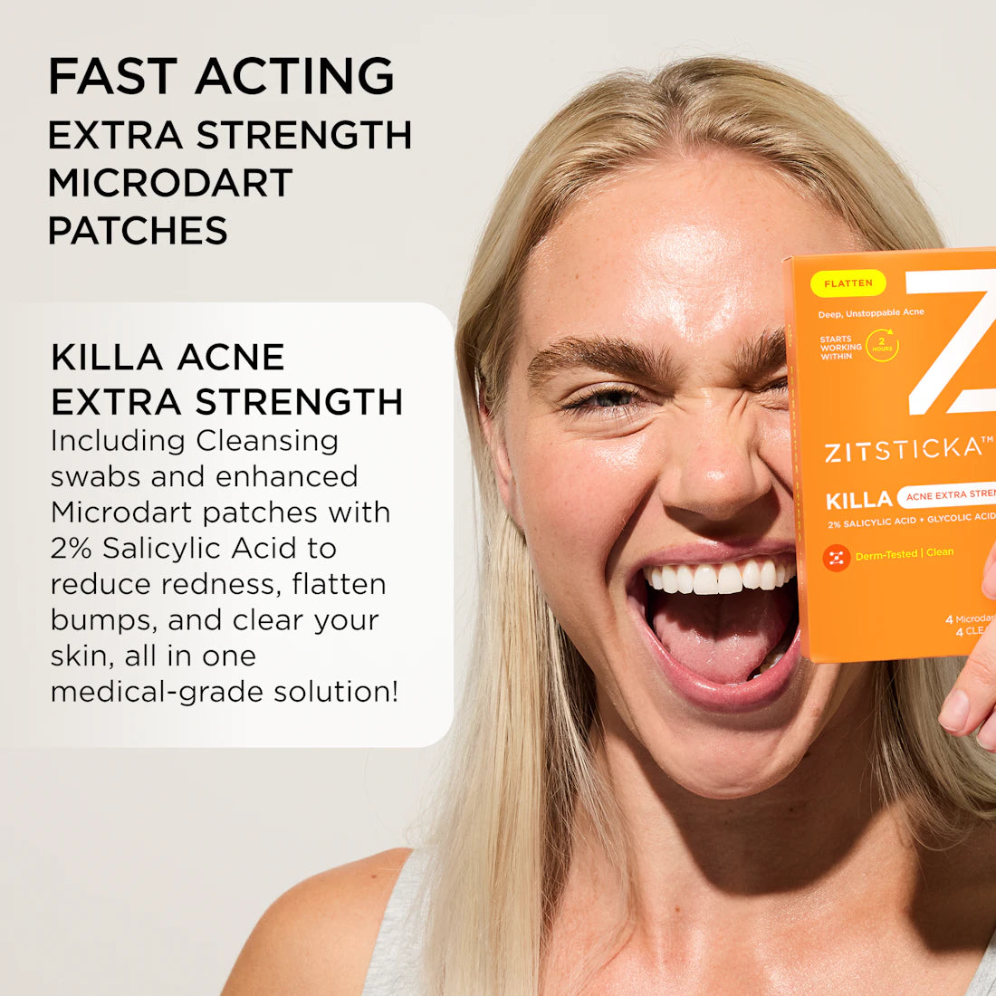 Smiling woman holds KILLA ACNE Extra Strength Microdart Patches, highlighting its fast-acting formula.