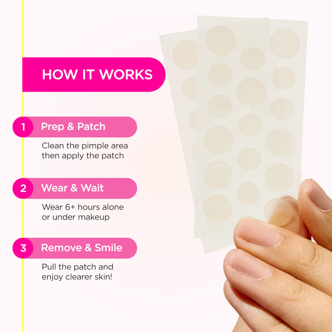 Hand holding GOO GETTER Hydrocolloid Surface Pimple Patches with breakout treatment instructions beside.