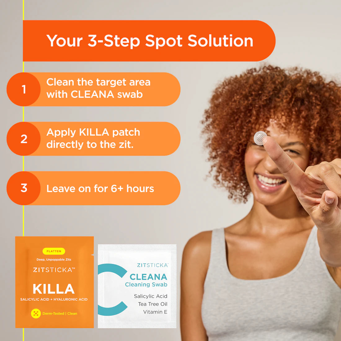 Smiling woman shows KILLA Kit; 3-step acne treatment and product packages are displayed.
