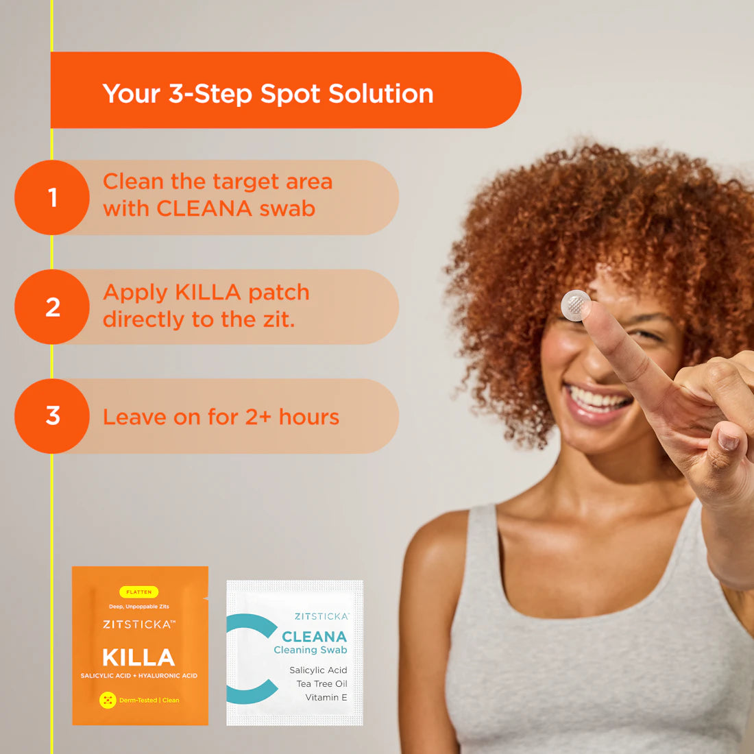 Smiling woman holds KILLA ACNE Extra Strength Microdart Patches; 3-step spot solution beside her.