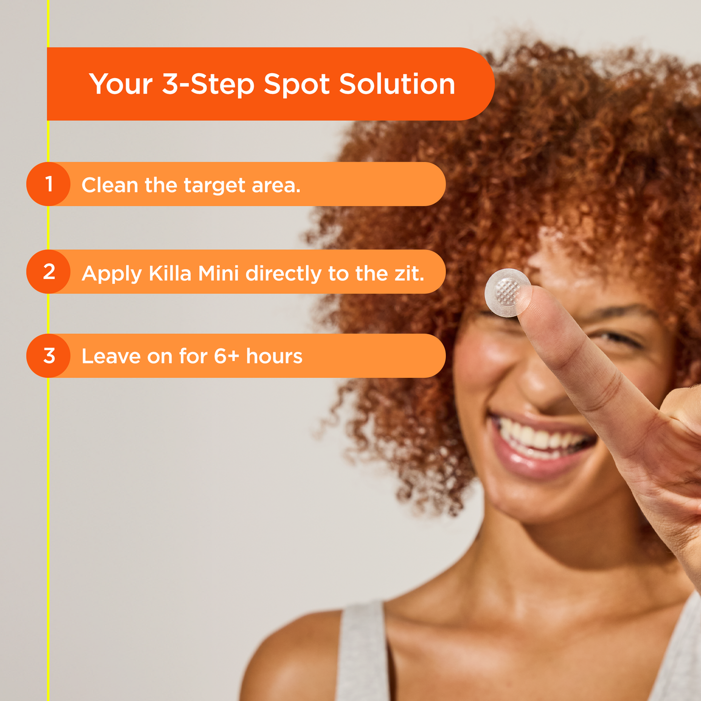 Smiling woman shows KILLA Mini Microdart Pimple Patch on her finger next to 3-step acne treatment guide.