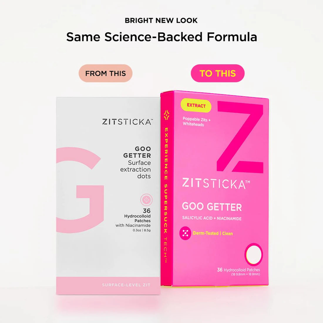 Old and new GOO GETTER Hydrocolloid Surface Pimple Patches—new box in bright pink on the right.