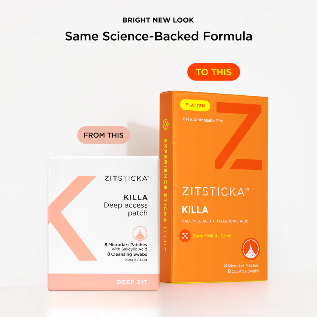 Two KILLA Kit acne treatment boxes, showing a packaging change from white to orange design.