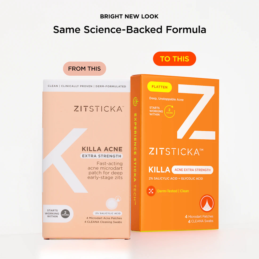Two KILLA ACNE Extra Strength Microdart Patches boxes showing old and new packaging designs.