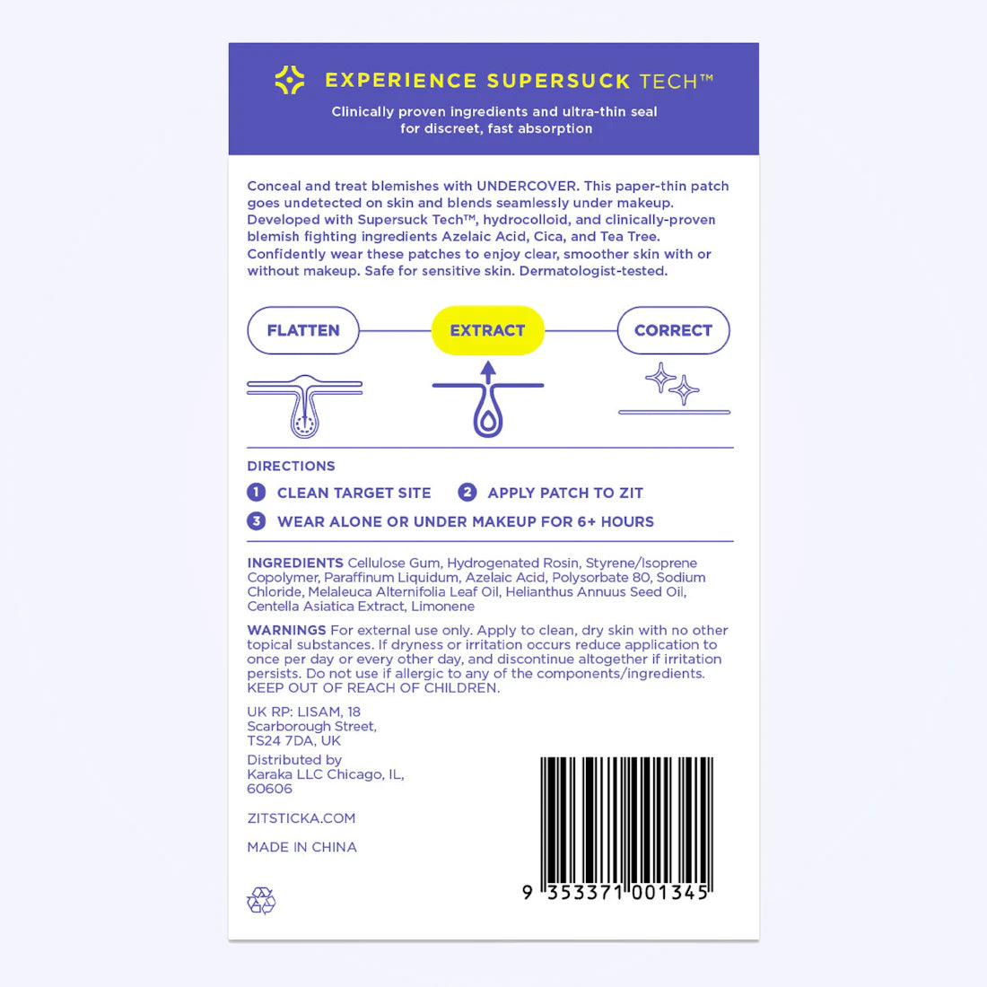 Back of UNDERCOVER Ultra Sheer Hydrocolloid Pimple Patches box with use directions, ingredients, and barcode.