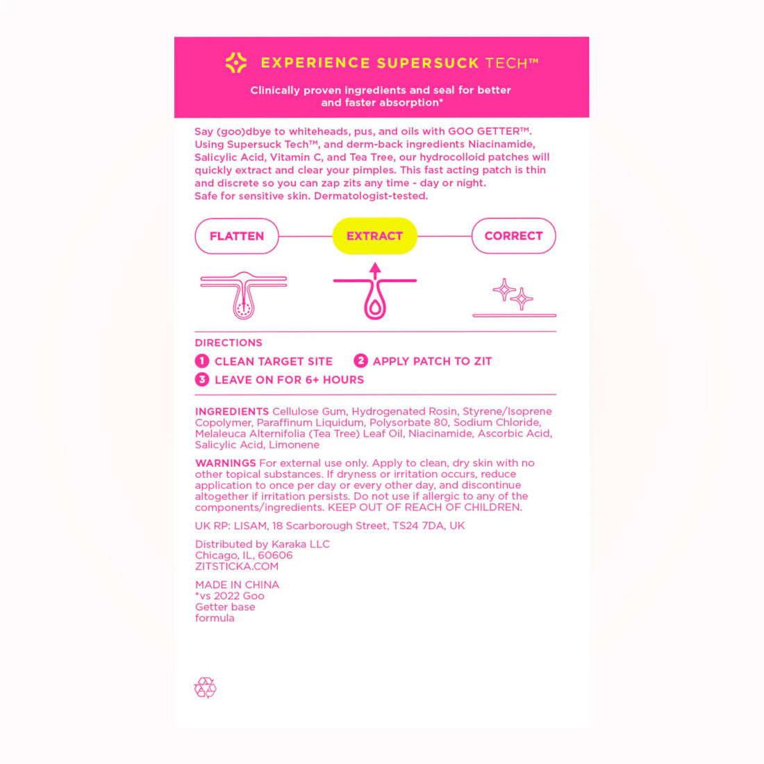 The GOO GETTER Hydrocolloid Pimple Patch box with pink text details breakout treatment steps for blemishes.