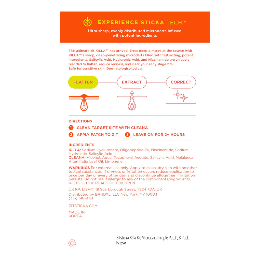 KILLA ACNE Extra Strength Microdart Patches instructions and ingredients on white-orange packaging.