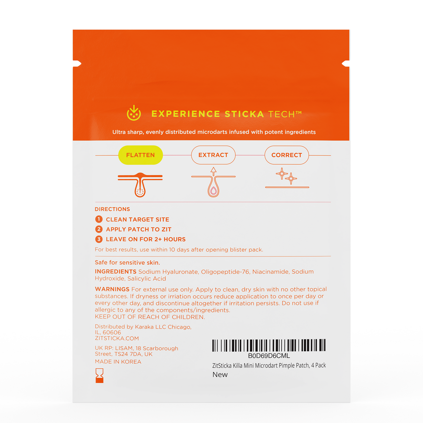 Front of KILLA Mini Microdart Pimple Patches packaging with instructions and ingredients listed.