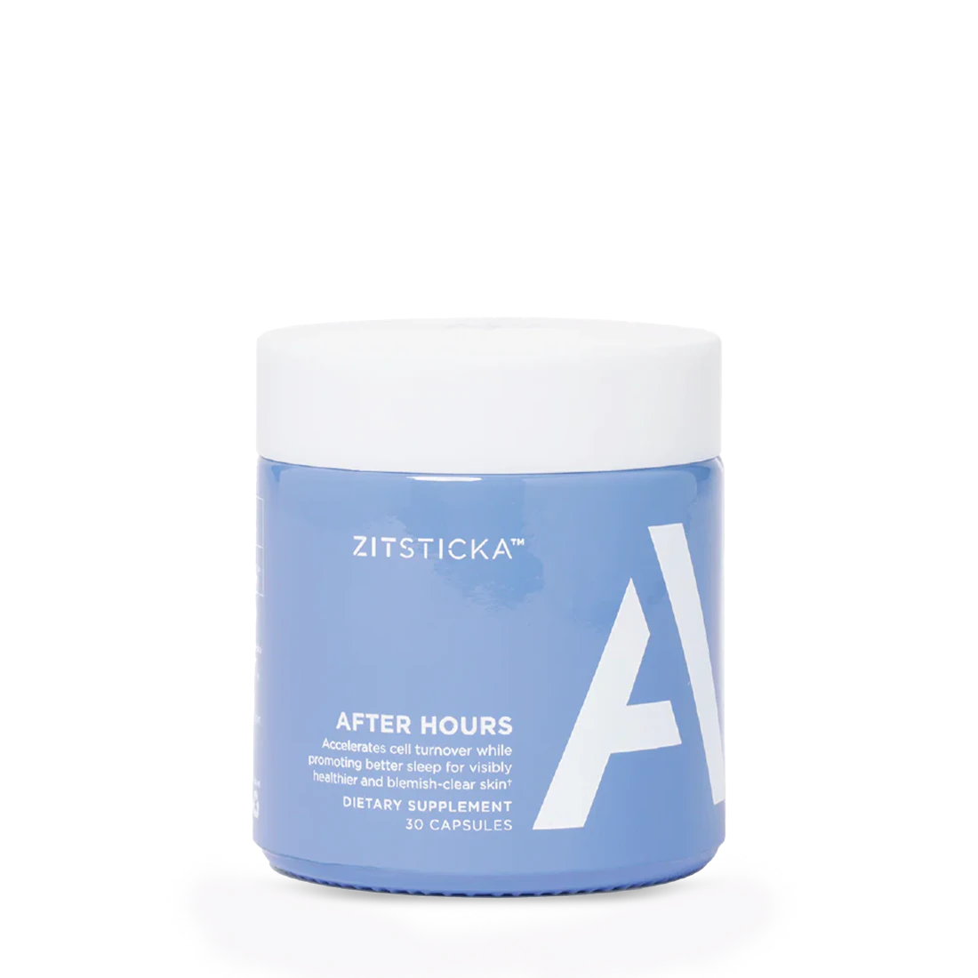 Blue jar labeled AFTER HOURS dietary supplement for glowing skin, 30 capsules, on white background.