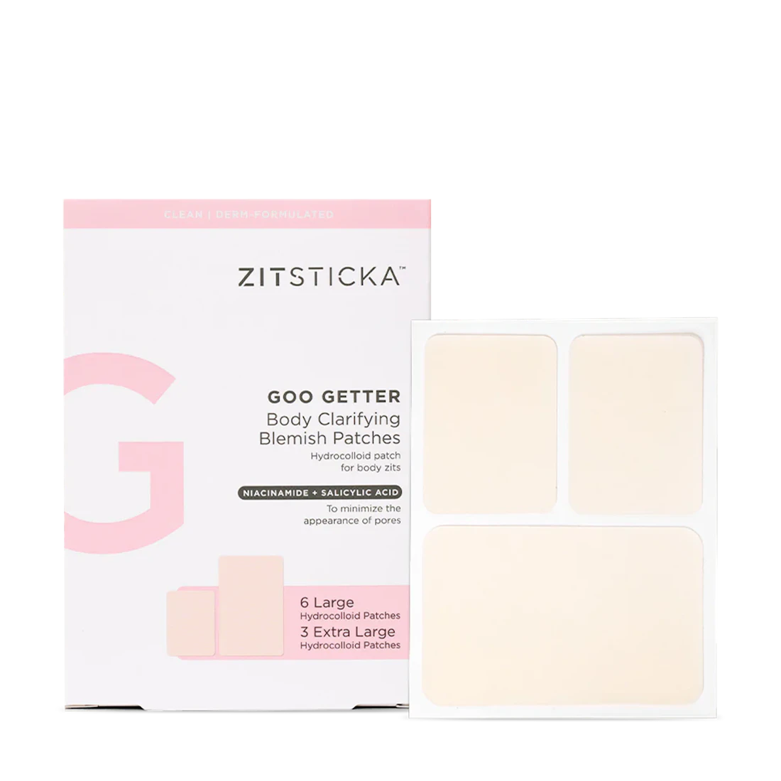 GOO GETTER Body features large hydrocolloid blemish patches for body breakouts.