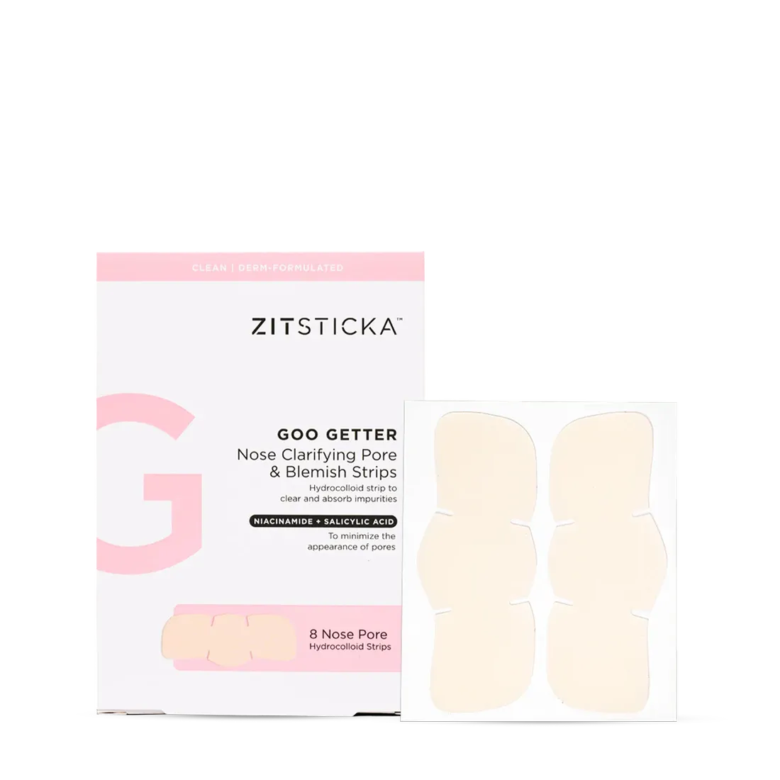 Box of GOO GETTER™ Nose strips for blackheads, with hydrocolloid strips shown beside it.