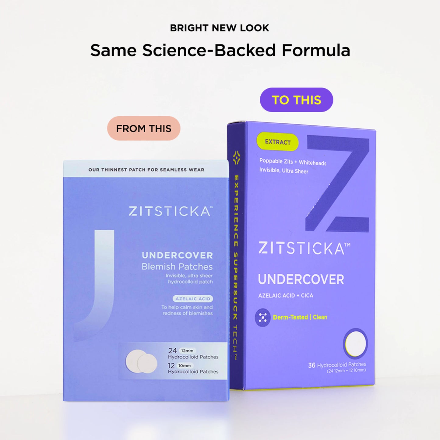 Two UNDERCOVER Ultra Sheer Hydrocolloid Pimple Patch boxes, with packaging updated from blue to purple.