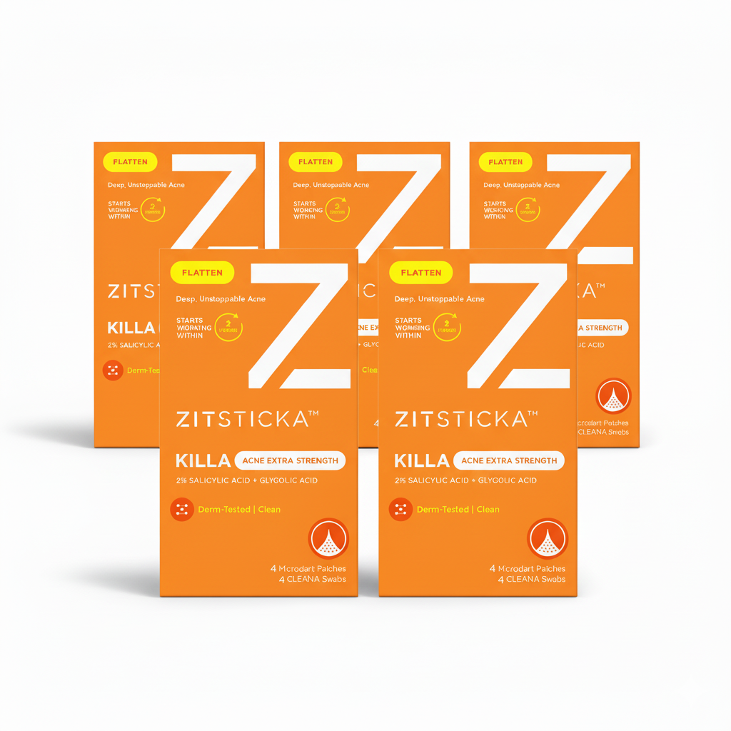 Five orange boxes of KILLA ACNE Extra Strength Microdart Patches are displayed on a white background.