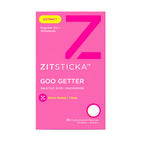 Bright pink GOO GETTER Hydrocolloid Surface Pimple Patches box, with key ingredients and 36 patches.