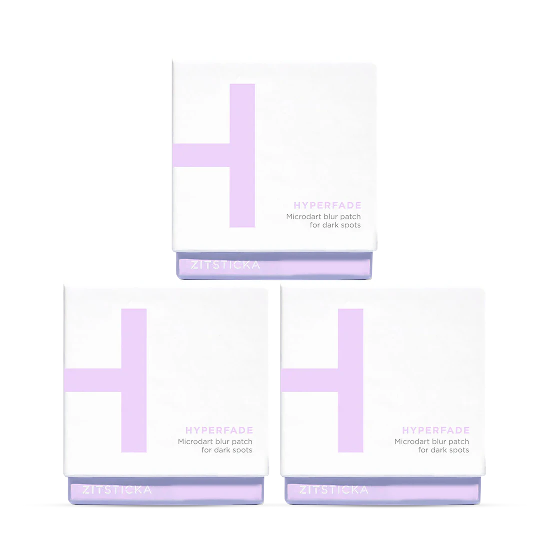 Three HYPERFADE Microdart Blur Patches 12 Pack boxes stacked pyramid-style for clearer-looking skin.