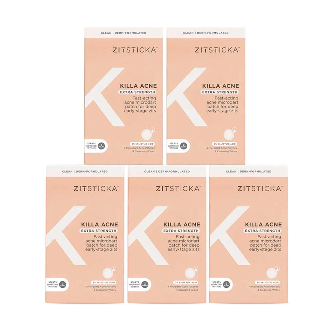Five boxes of KILLA ACNE Extra Strength Microdart Patches arranged pyramid-style on a white background.