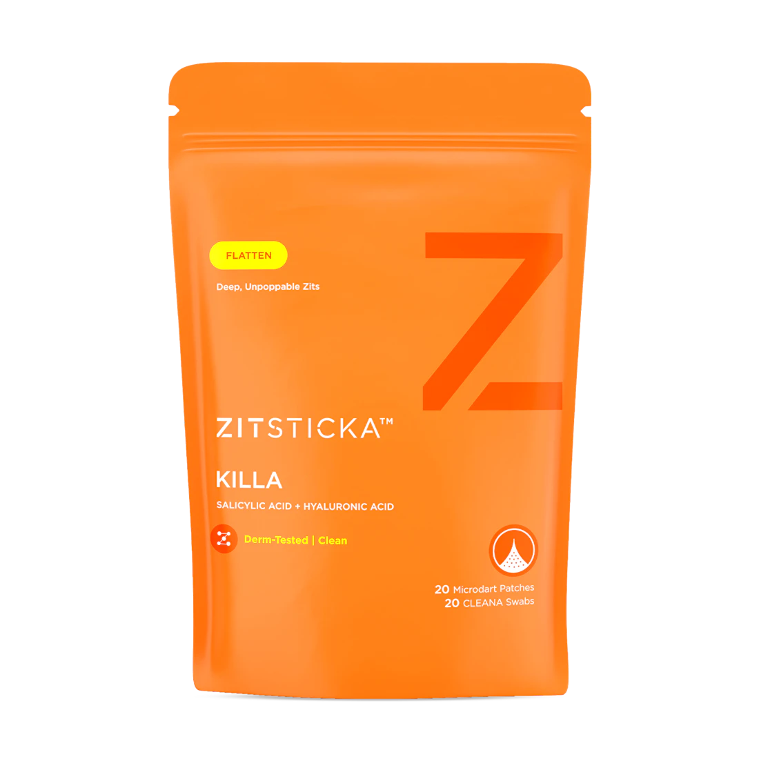 Bright orange KILLA Kit pouch for acne patches, with bold text and microdart technology details.