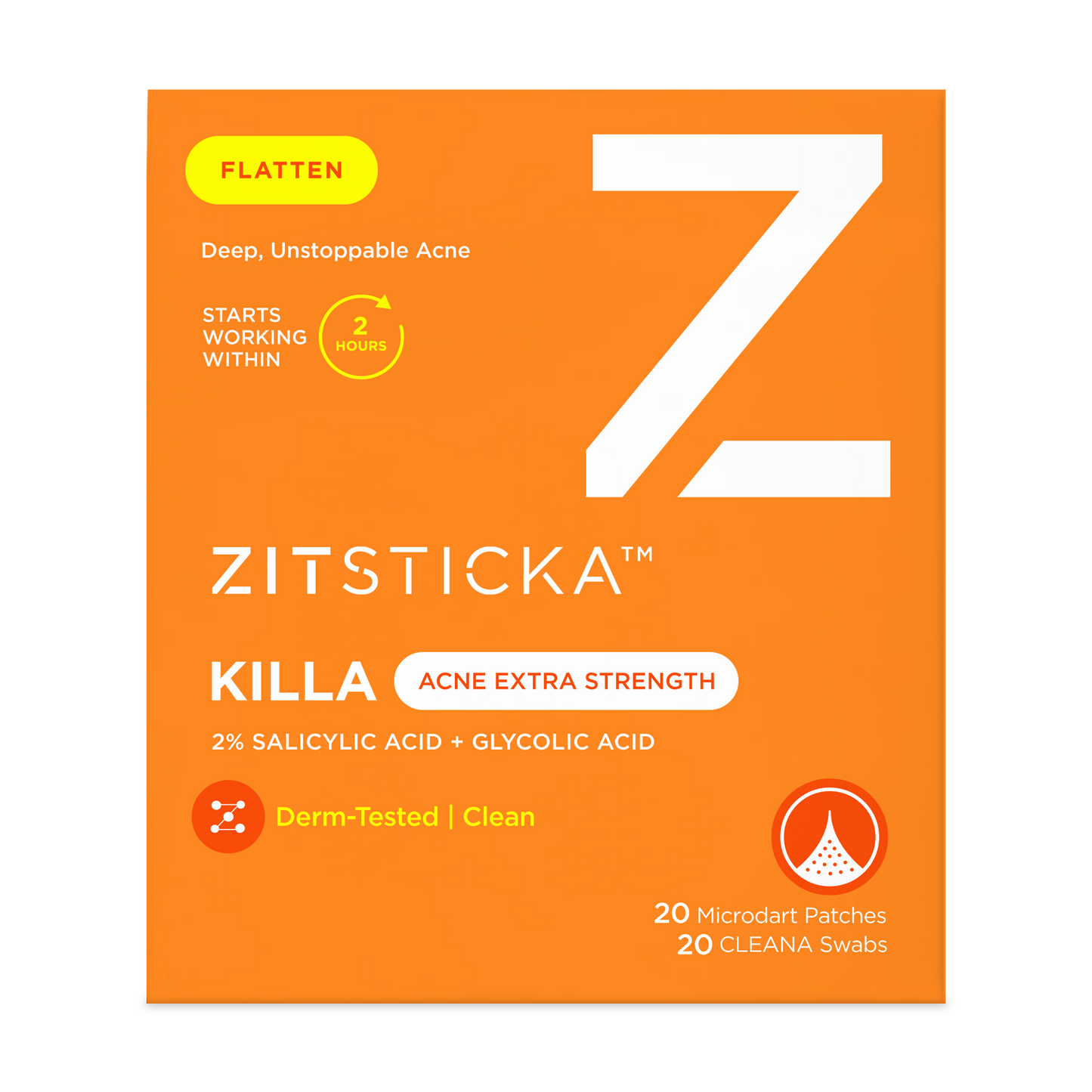 Bright orange box of KILLA ACNE Extra Strength Microdart Patches with bold text on the front.