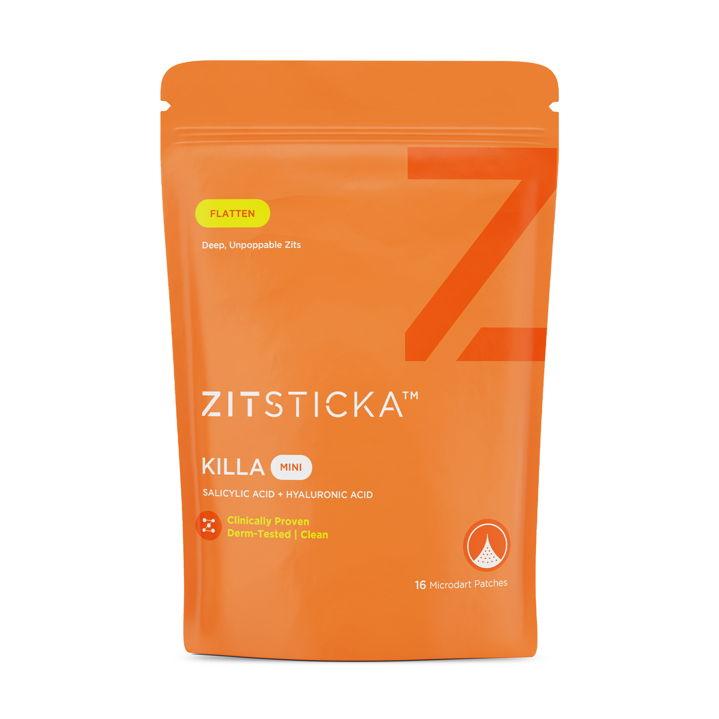 An orange pouch of KILLA Mini Microdart Pimple Patches with 16 patches for targeted spot control.
