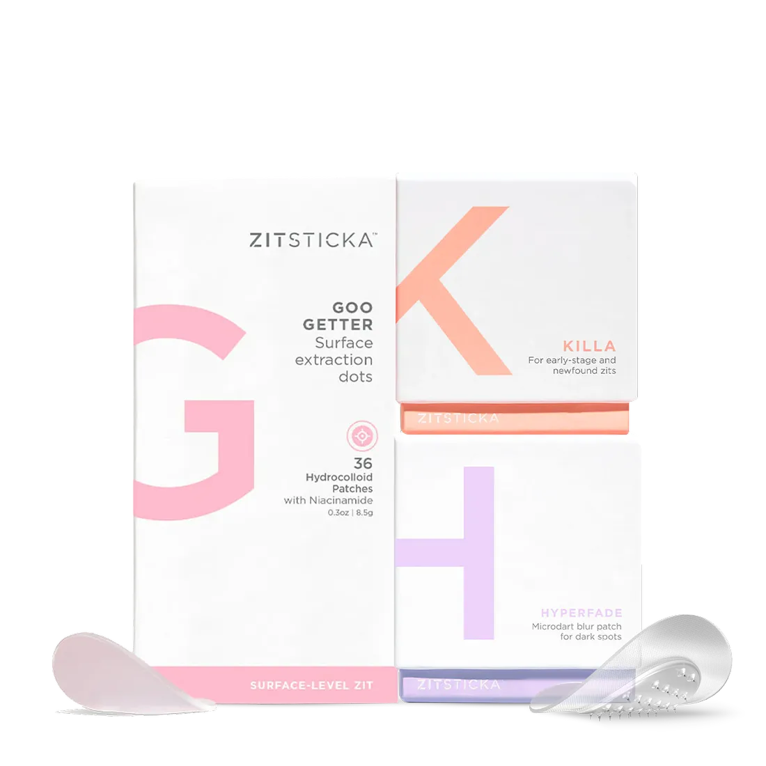 Three PATCH IT UP hydrocolloid patch packs by ZitSticka displayed in front of their packaging.