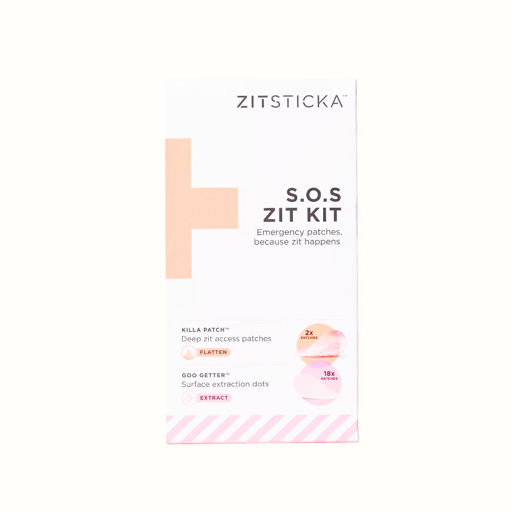Zit Stoppers box with emergency hydrocolloid patches and pink-accented product details.