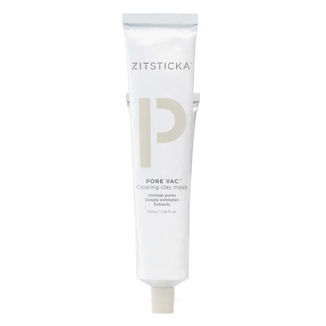 An upright white tube of PORE VAC Clearing Clay Mask, the pore vacuum for congested skin.