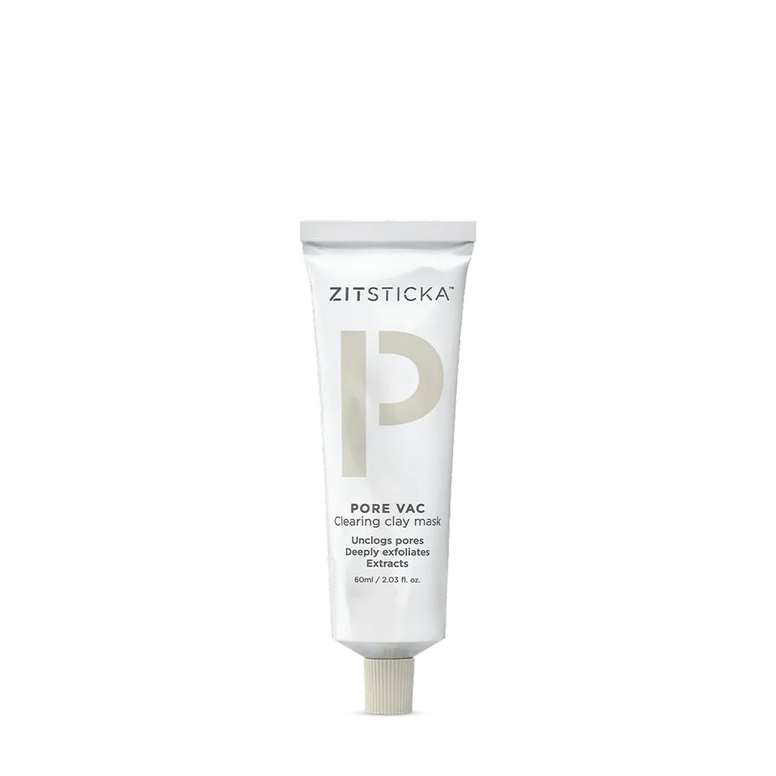 A tube of PORE VAC Clearing Clay Mask for congested skin stands upright on a white background.