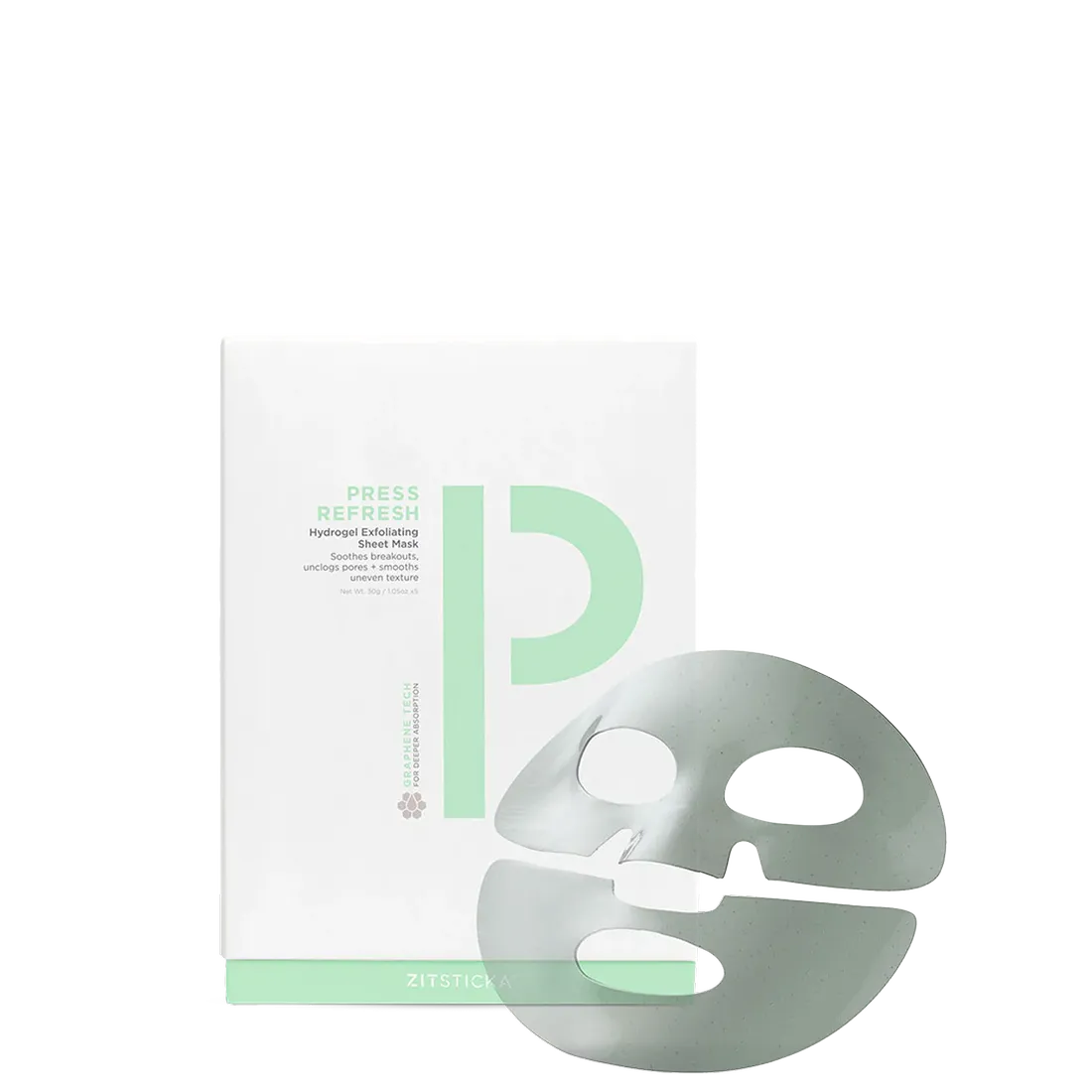 PRESS REFRESH sheet mask for acne-prone skin in green and white packaging.