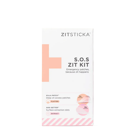 SOS KIT box with emergency KILLA microdart and hydrocolloid pimple patches for acne.