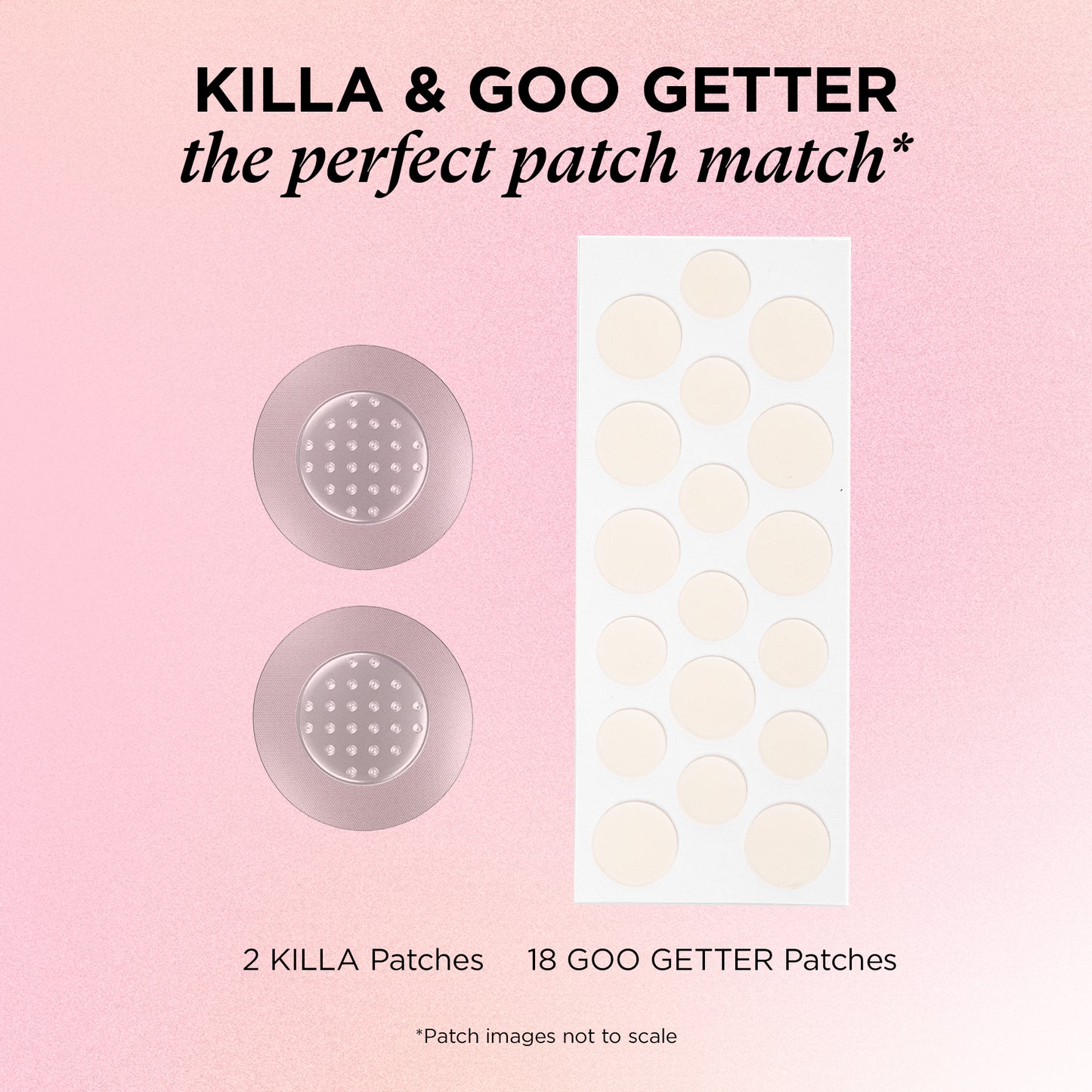 The SOS KIT features two round microdart patches and a sheet of 18 pimple patches on a pink gradient background.