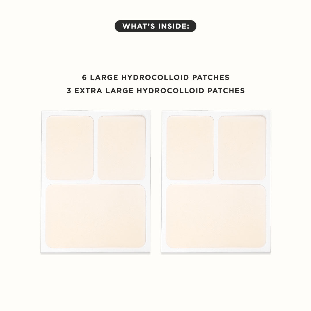 Two sheets of GOO GETTER Body large and extra-large blemish patches on a white background.