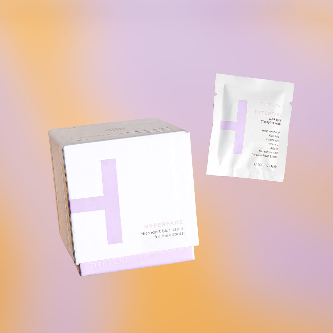 White box and sachet of HYPERFADE Microdart Blur Patches on pastel orange and purple background.