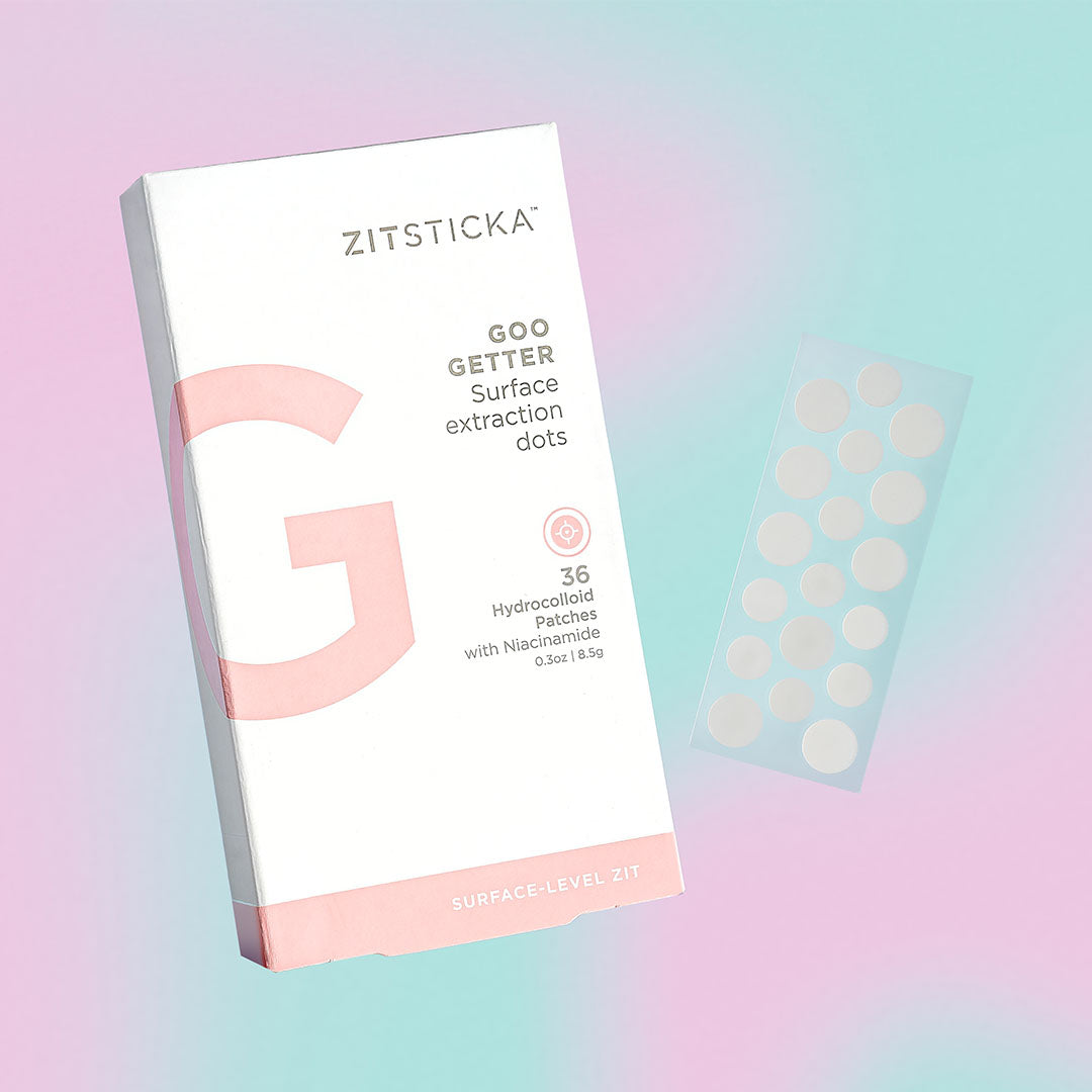 Box of PATCH IT UP hydrocolloid dots and patches on a pastel background.