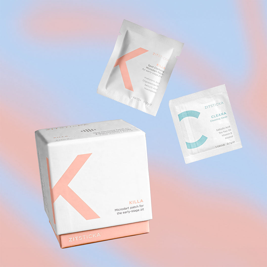 PATCH IT UP patches with microdart tech float above a pastel blue and pink background.