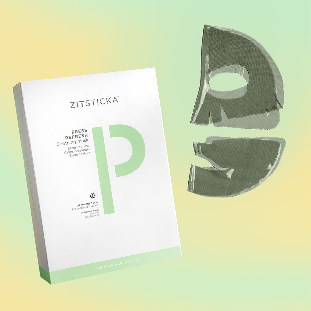 A PRESS REFRESH box of exfoliating sheet mask pieces for acne-prone skin.