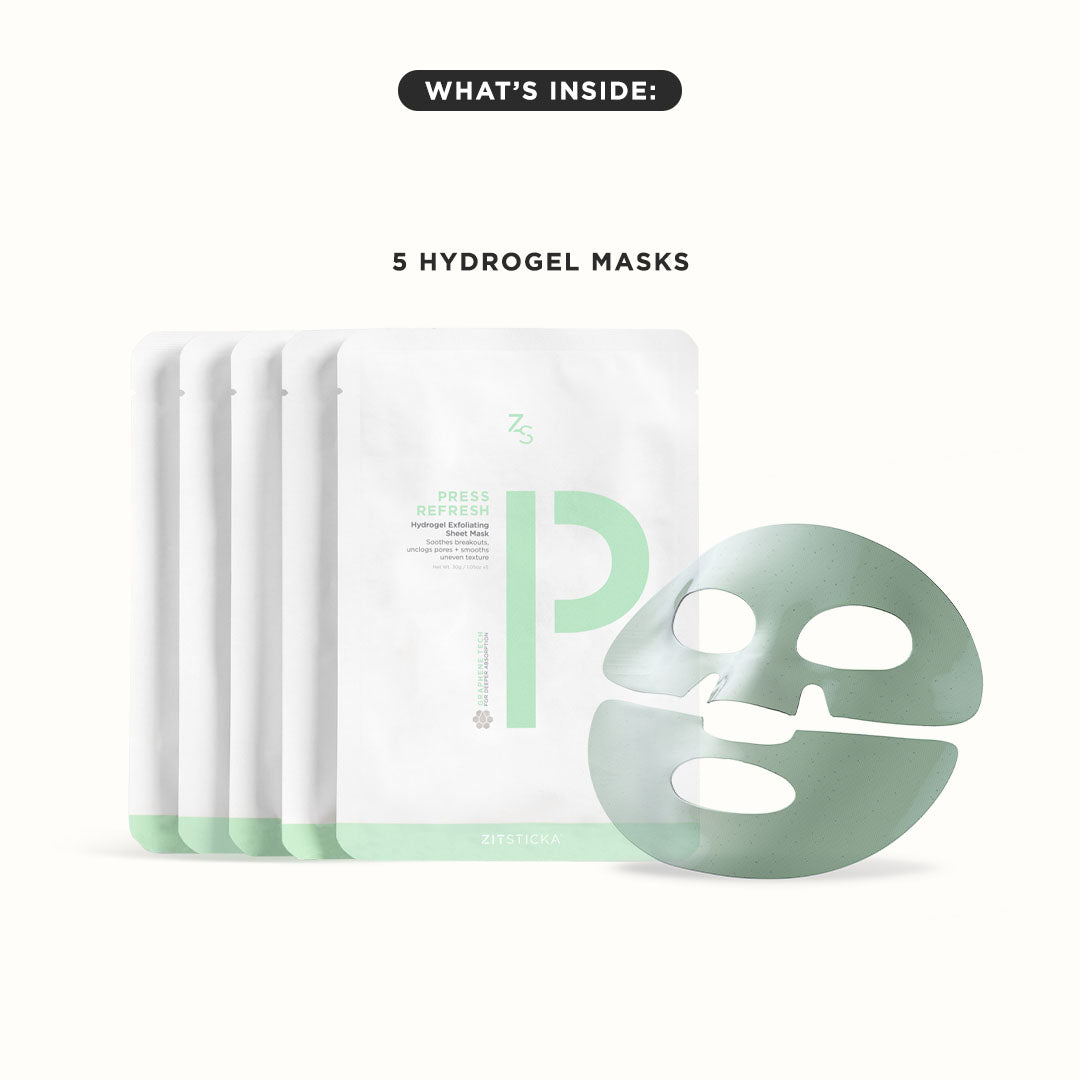 Four PRESS REFRESH packets and one exfoliating sheet mask set, perfect for acne-prone skin.