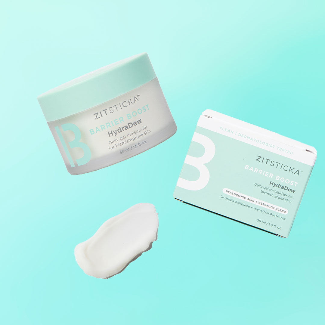 HydraDew Moisturizer for blemish-prone skin on a blue background.