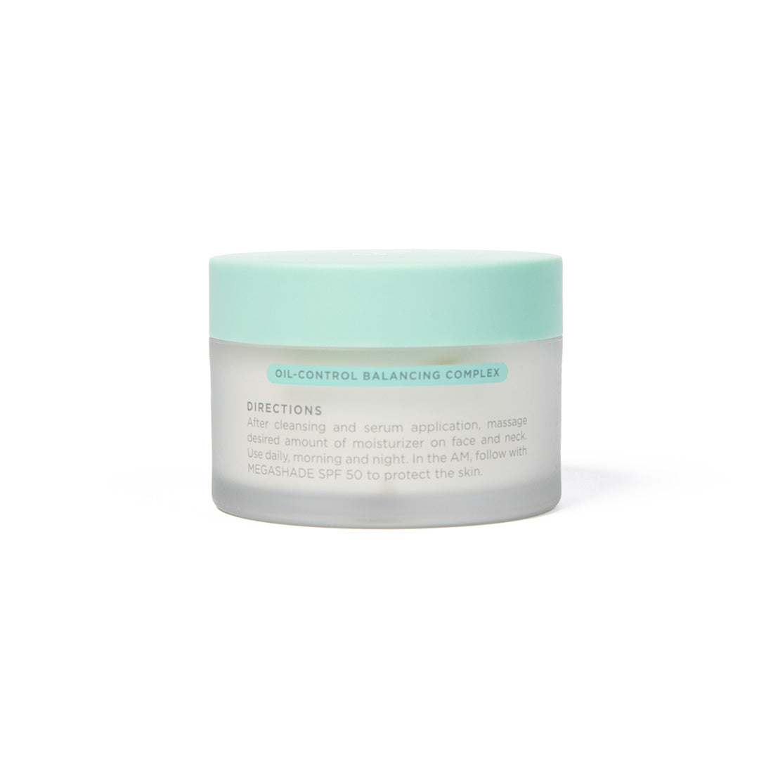 HydraDew Moisturizer, in a jar with a mint green lid, hydrates and soothes blemish-prone skin.